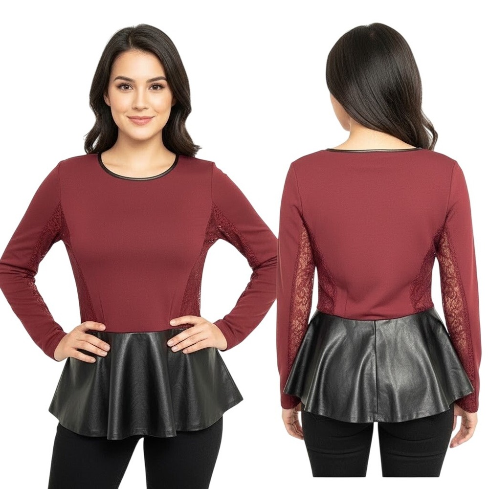 Romeo &‎ Juliet Couture Blouse M Burgundy Black Peplum Lace Faux Leather Edgy